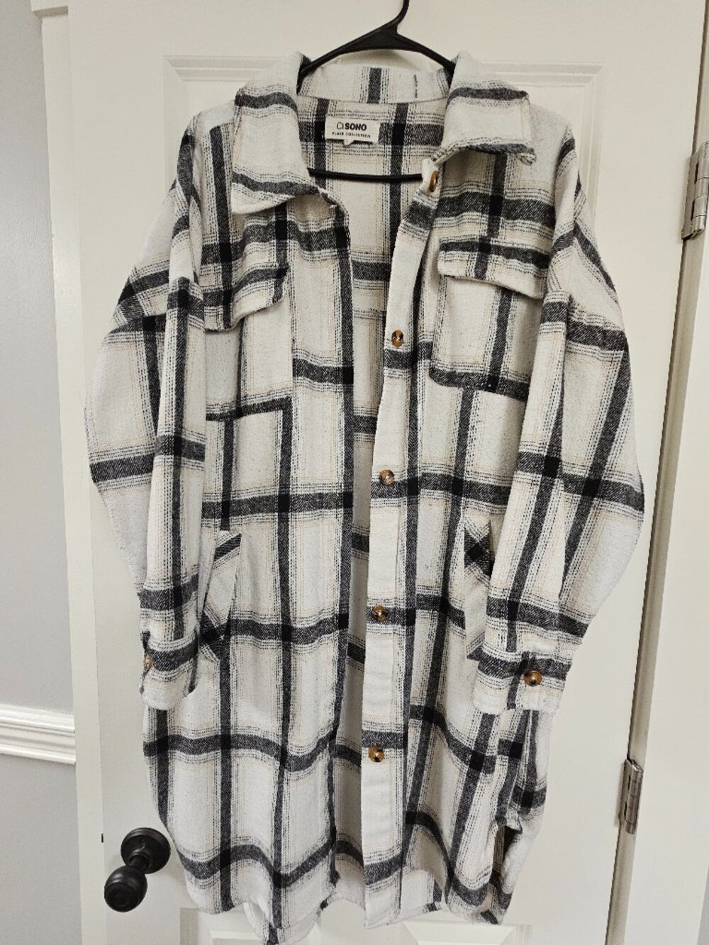 Cisono Women's Plaid Long Jacket, size XL, collard neckline, button-down front